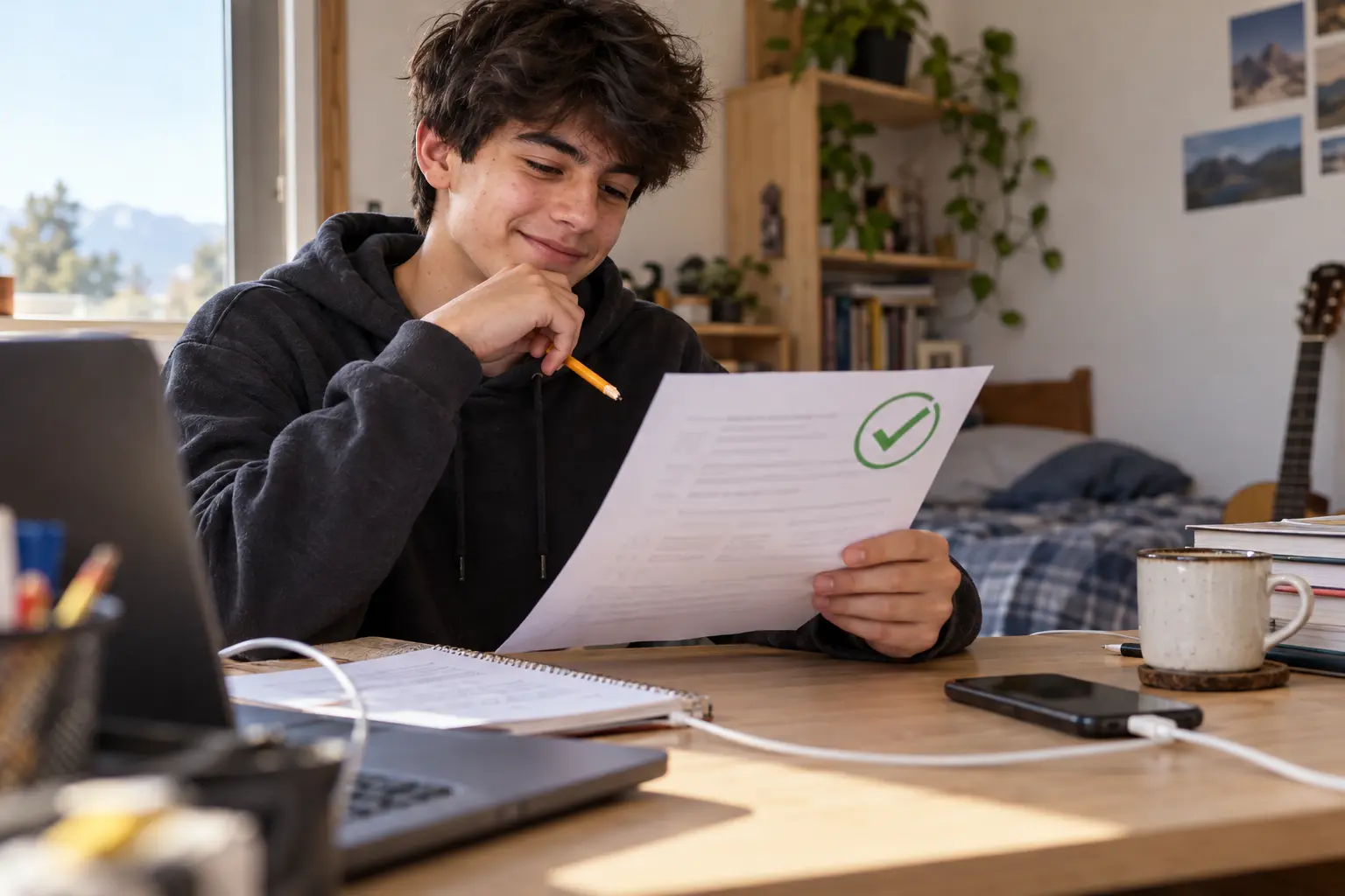 Joven revisando sus exámenes con un distintivo verde de aprobación