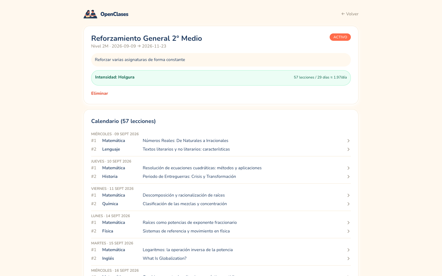 Tus lecciones organizadas en el calendario